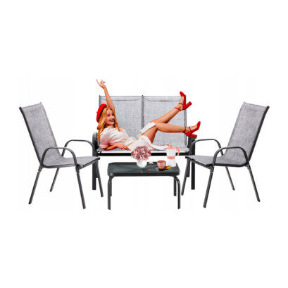 Set Mobilier de Gradina GardenLine cu Cadru Metalic - Masuta de Cafea + Banca + 2 Scaune - Gri