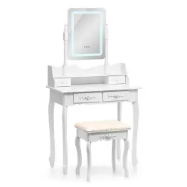 Masa de Toaleta cu Oglinda, Scaun si Iluminare LED - 5 Sertare - Alb