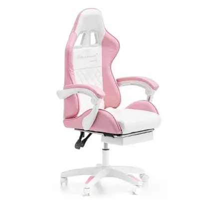 Scaun Gamer cu Suport pentru Picioare, pentru Copii - Roz, Alb