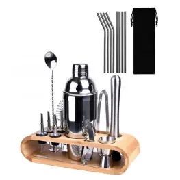 Set Mixer Barman Profesional din 23 Piese – Shaker, Suport din Bambus, Husa si Instructiuni
