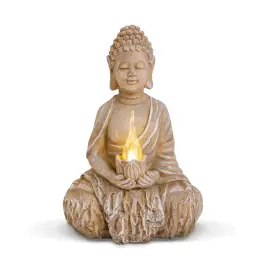 Statuie Buddha cu Solar, Lumânare și LED Alb Cald - 12,5 x 8,5 x 19 cm