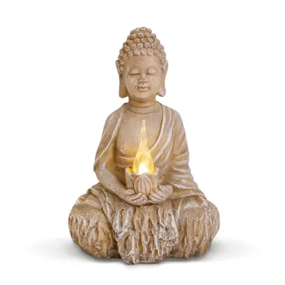 Statuie Buddha cu Solar, Lumânare și LED Alb Cald - 12,5 x 8,5 x 19 cm