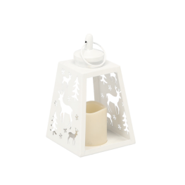 Lampion alb din metal cu model ren și lumânare LED - 12 x 21,5 cm