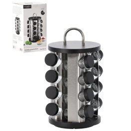 Suport rotativ pentru condimente cu mâner, 17,5 x 33 cm, negru-argintiu, cu 16 recipiente