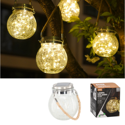 Lampă solară LED în borcan - 20 LED-uri calde albe, 12 x 12 x 14,5 cm