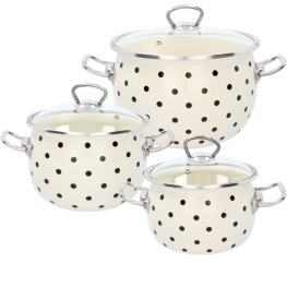 Set de 3 oale emailate albe cu buline - Cu capace de sticlă - 2,5 l, 3,5 l, 5 l