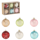 Set de 6 globuri de sticlă colorate și decorate, 8 cm diametru