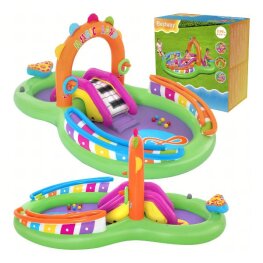 Bestway zenés felfújható vízi játszótér csúszdával – 295×190×137 cm – szórakozás vízzel és játékkal
