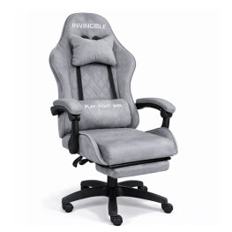 Scaun gaming din catifea cu suport pentru picioare, ergonomic, reglabil, cu cadru metalic – Gri