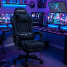 Scaun gaming din catifea cu suport pentru picioare, ergonomic, reglabil, cu cadru metalic – Negru