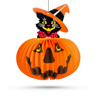 Lampion Dovleac de Halloween - cu Pisica - suspendabil - 26 cm