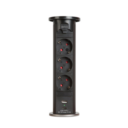 Prelungitor Motorizat Incorporabil - 3 x 250 V - Negru + USB-A, TYPE-C
