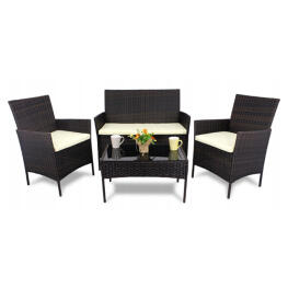 Set Mobilier de Gradina cu Efect Ratan GardenLine - Masa + Banca + 2 Scaune - Maro + Crem