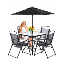 Set Mobilier de Gradina GardenLine - Masa + 4 Scaune Pliabile + Umbrela de Soare Patrata - Negru