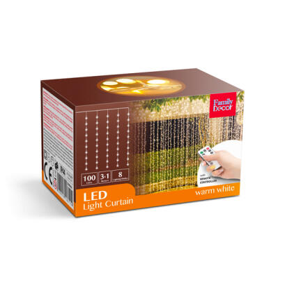 Perdea Luminoasa - 100 buc. LED - Alb Cald - 3 x 1 m - 230V - Telecomanda