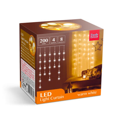 Perdea Luminoasa - 200 buc. LED - Alb Cald - la Retea - IP44 - 4,2 m - 8 Programe